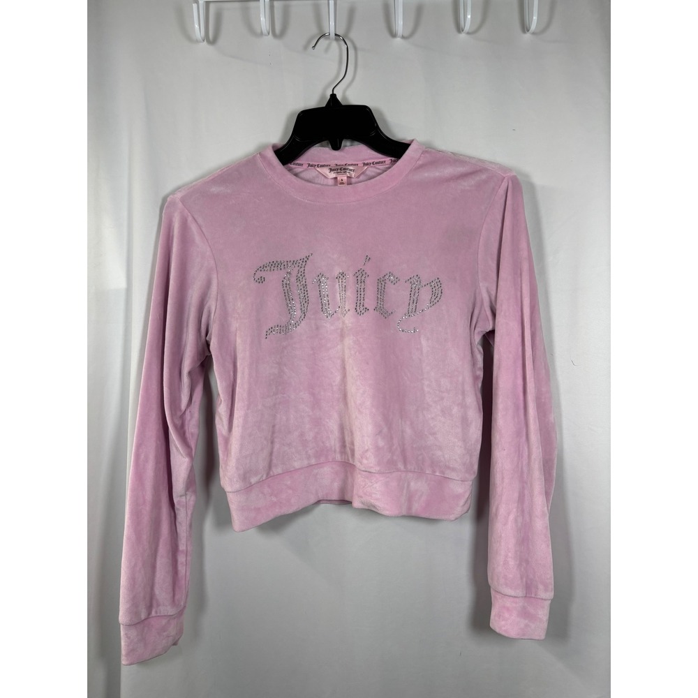 Juicy Couture Pink Velour Rhinestone Logo Cropped Long Sleeve Top Small Y2K